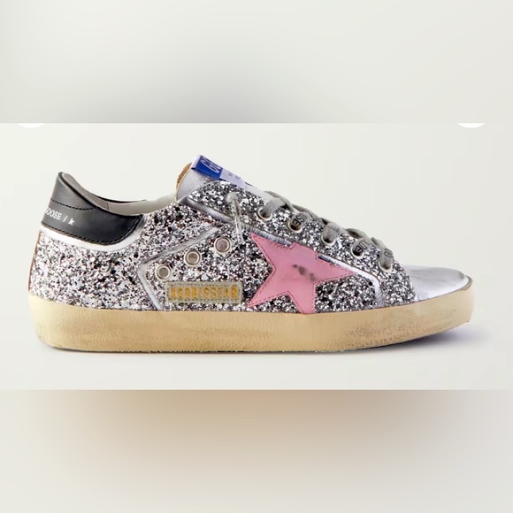 GOLDEN GOOSE Superstar distressed metallic glittered leather sneakers - Picture 1 of 10